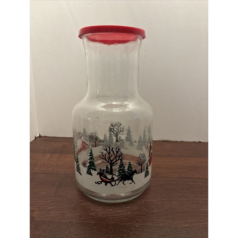Vintage Christmas Sleigh Ride Glass Carafe Jug Juice Eggnog Decanter 9" With Lid
